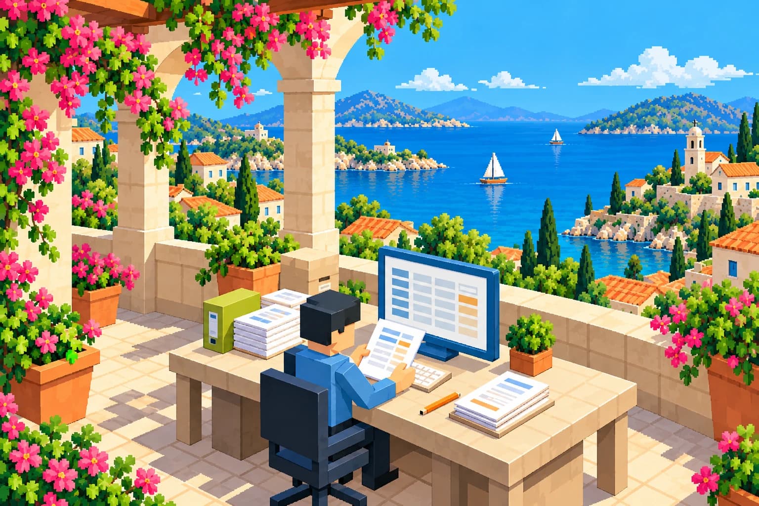 Pixel-art workshop with documents and a spreadsheet